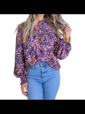 Karlie Purple Floral Ruffle Long Sleeve Blouse Top Shirt - Women’s Size Large